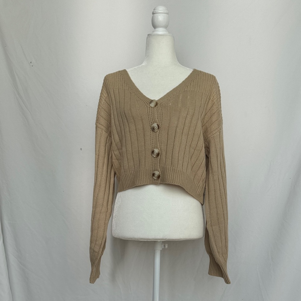 Tan Button-Up Cropped Sweater